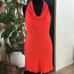 NWT Cowl Neck Halter Mini Cocktail Dress Size L Coral Orange Stretchy Crepe Y2K
